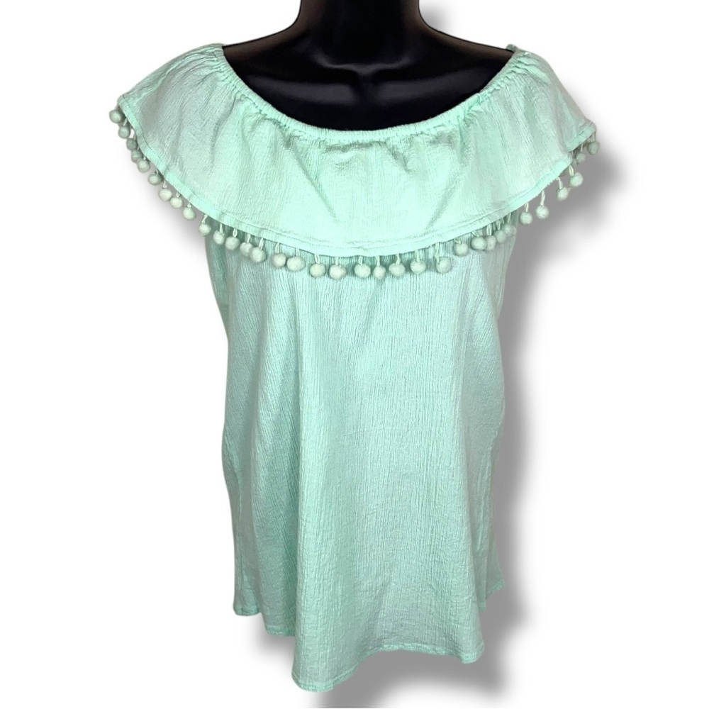 Small Kori Mint Green Boho Top Pom Pom Accent Women’s Cotton Bohemian Textured